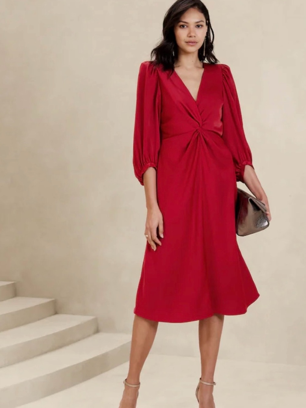 Banana Republic Red Twist Front Midi Dress Size 8